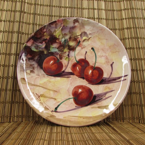 Vintage Peasant Village Italian Pottery Hand Painted Fruit Cherries 8.25" Plate - Picture 3 of 10